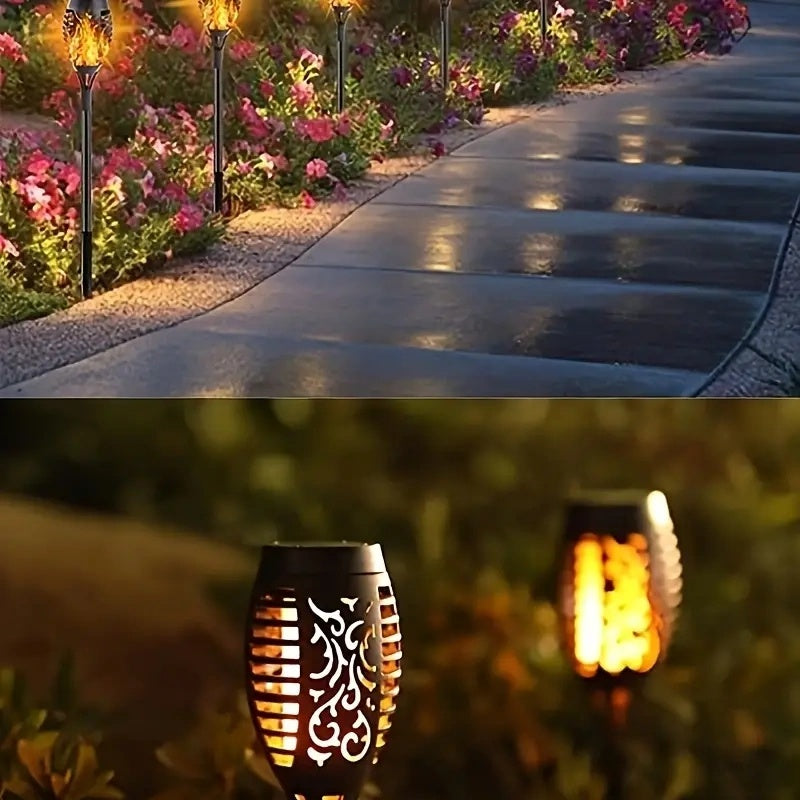 5pcs Solar Powered Garden Lights, Outdoor Solar Pathway Torch Light With Flickering And Dancing Flame Light Landscape Lighting For Christmas Halloween
