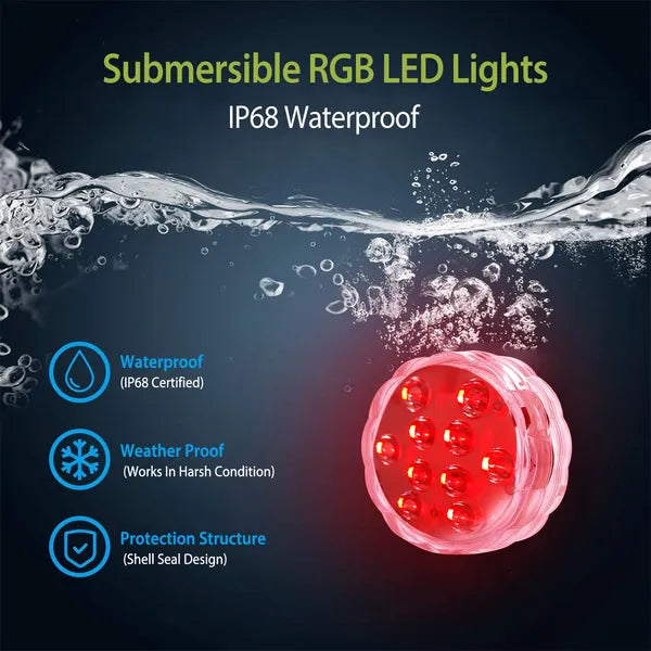 Battery powered submersible LED lights illuminating water feature with vibrant colors