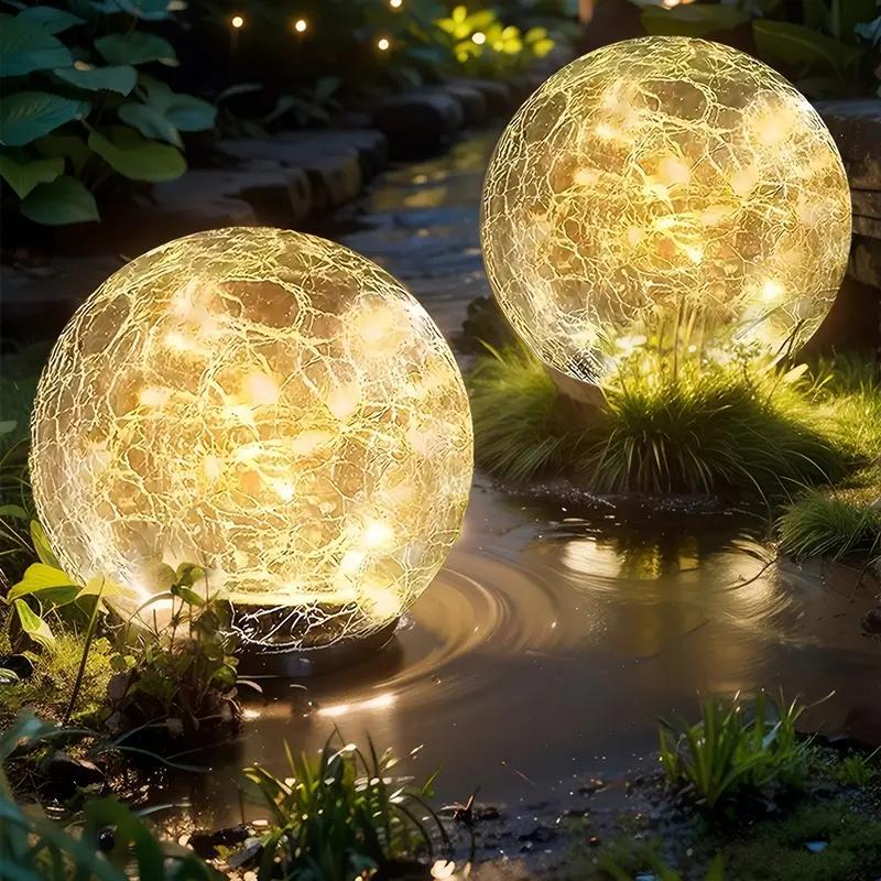 Solar garden lights with crackle glass ball and ground stake for outdoor pathway lighting
