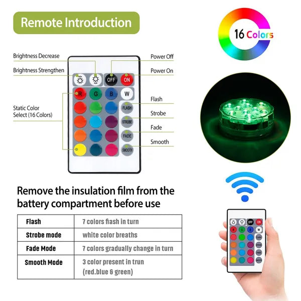 Waterproof IP68 submersible LED lights displaying 16 color options with remote