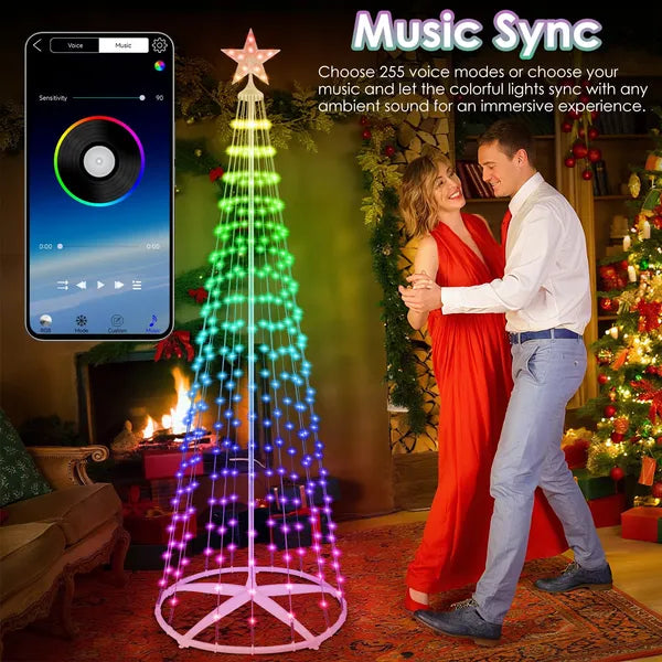 1.8M LED Smart Christmas Cone Tree Outdoor Lighted Christmas Tree Light With App Control Remote Control IP44 Waterproof Timer 210 Modes For Indoor Outside Yard Display