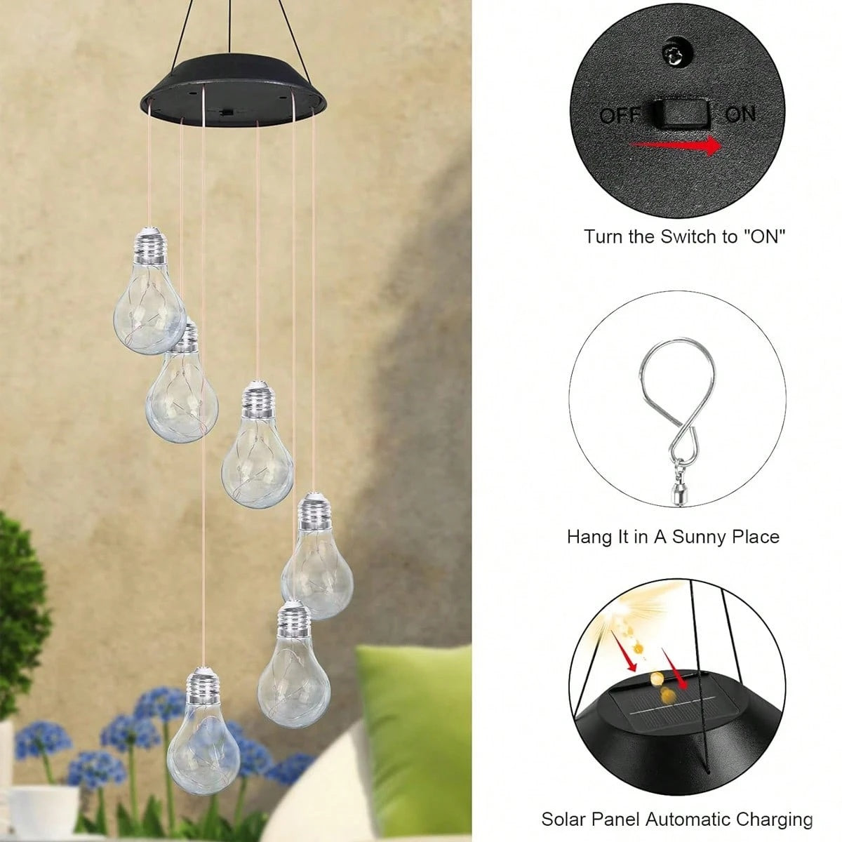 Solar garden wind chimes showing color transition at night outdoor