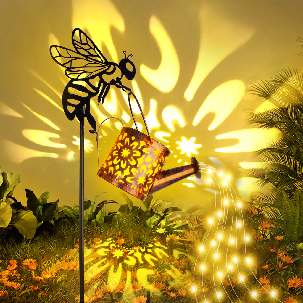 Solar garden light shaped like a bee with a lantern, casting a warm glow in a garden setting.