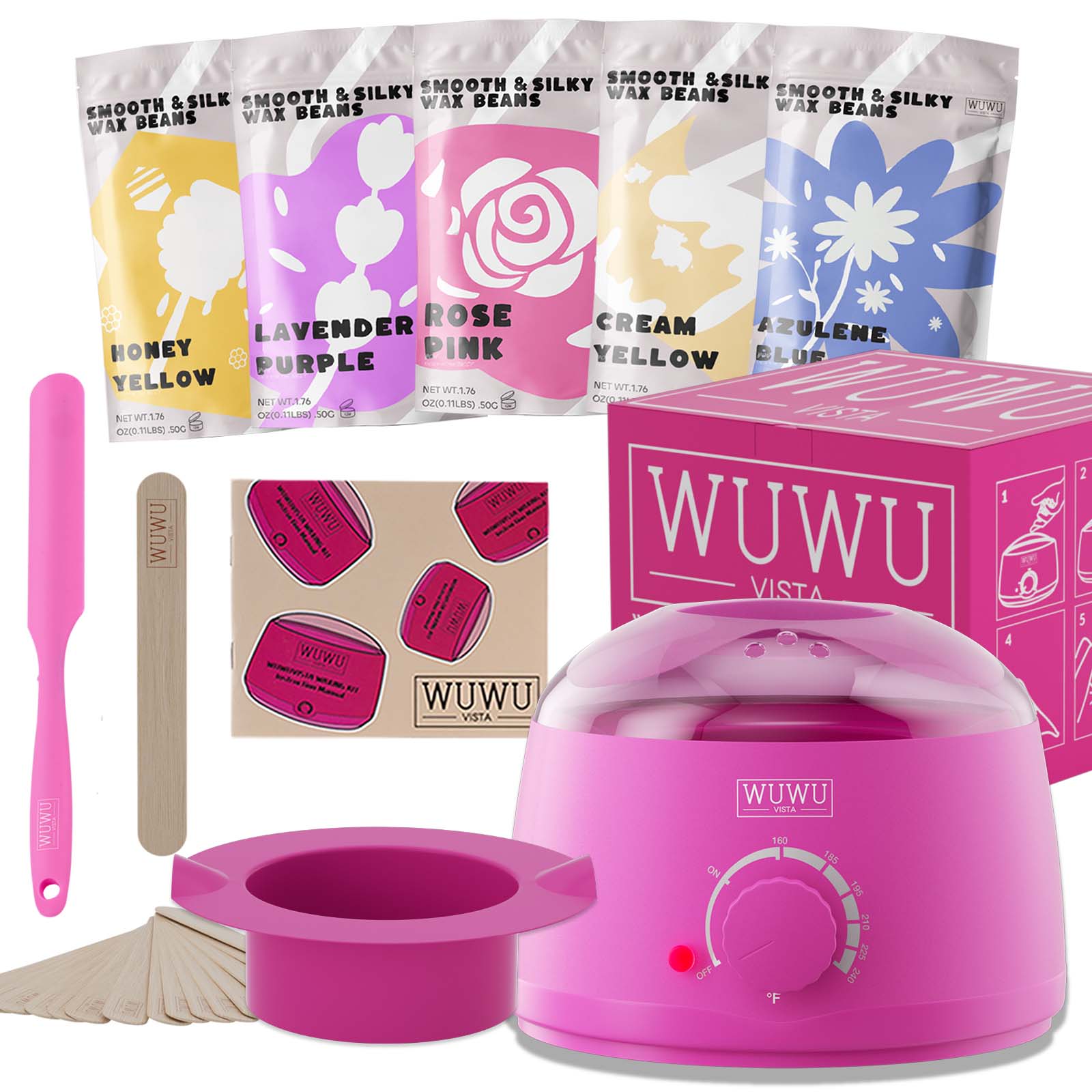 Waxing Kit 19 Items, WUWUVISTA Hair Removal Wax Kit With Wax Melt Warmer Waxing Beads For Face, Brazilian, Full Body, Bikini Suitable For Plugs Of American & European Specifications