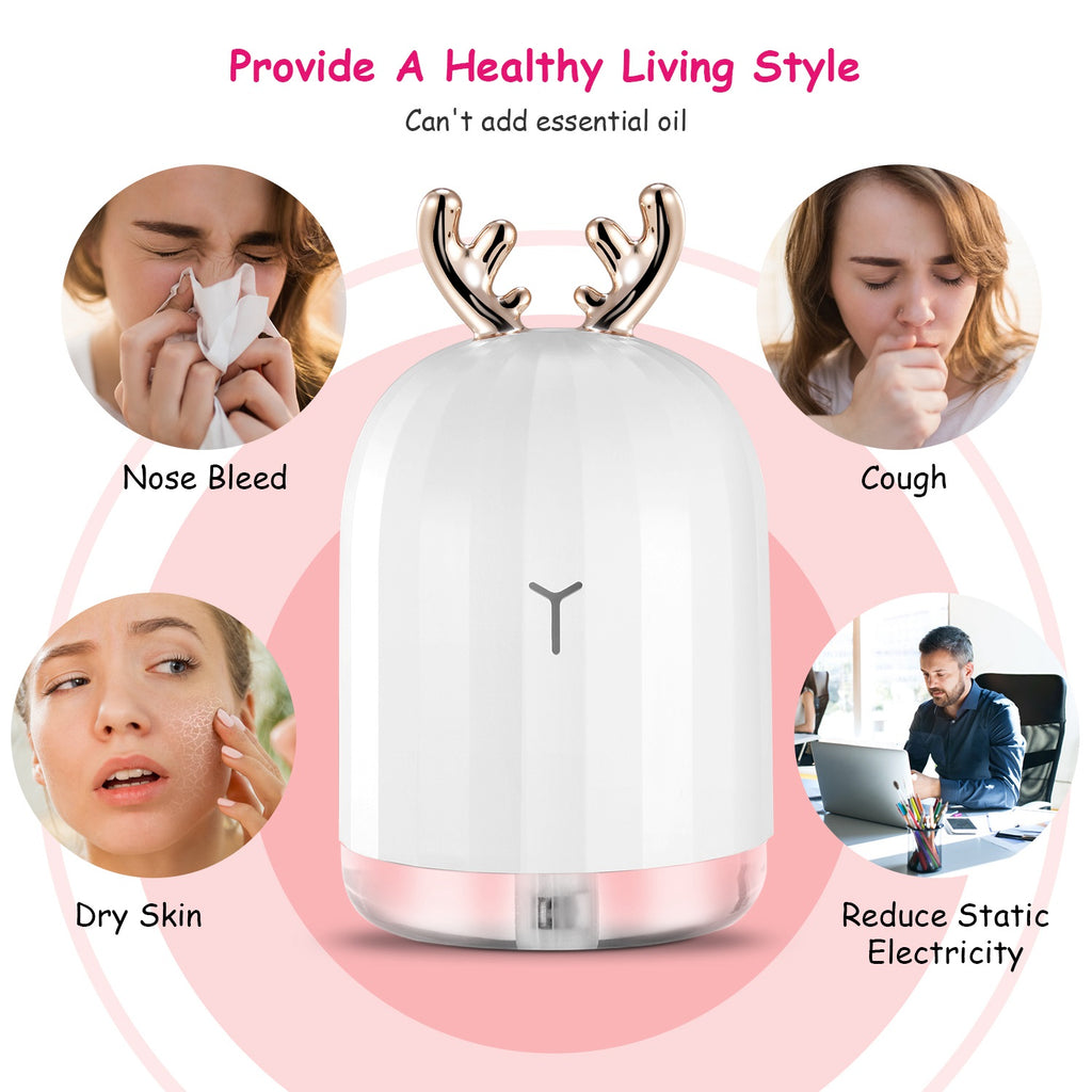 Compact ultrasonic humidifier diffuser with easy-fill 220ml water tank