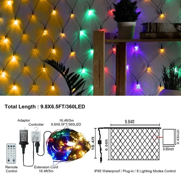 9.8 6.5FT Christmas Mesh Net Light,360 LED Net Light With 8 Modes Remote,Connectable Net String Christmas Lights For Garden