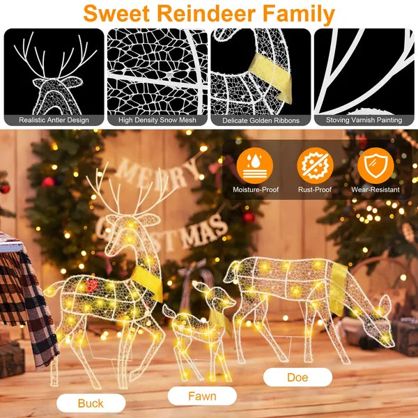 3 Sets Of Reindeer Family Lighted 2D Christmas Deer Decoration Warm Yellow Light 3 Lighting Modes Buck Doe Fawn Indoor Outdoor Christmas Decoration