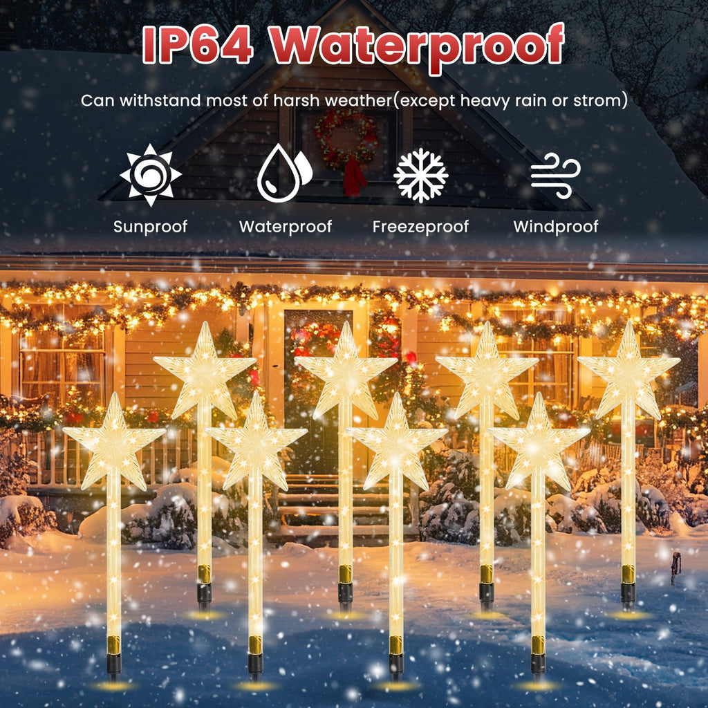 8Pack Christmas Solar Stake Light 64LED Beads Star Shaped Pathway Lights With 8 Lighting Modes IP64 Waterproof Xmas Decoration For Garden Patio Yard Porch Driveway