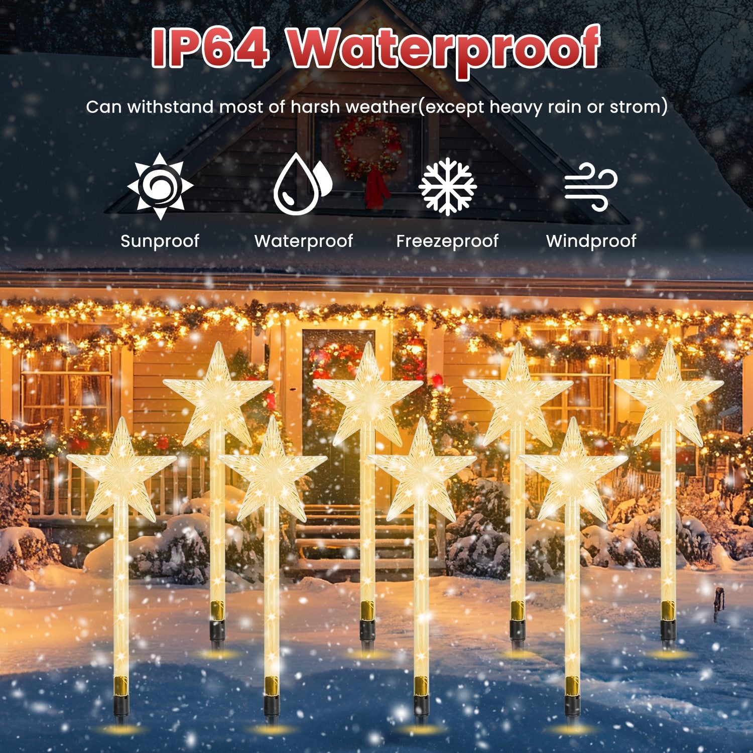 8Pack Christmas Solar Stake Light 64LED Beads Star Shaped Pathway Lights With 8 Lighting Modes IP64 Waterproof Xmas Decoration For Garden Patio Yard Porch Driveway