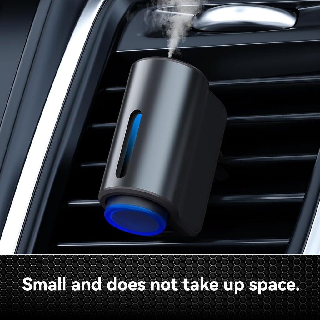 Compact USB car diffuser with LED light in cup holder for portable aromatherapy