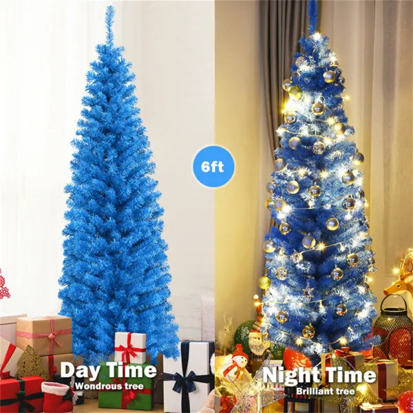 6FT Artificial Christmas Tree - 520 Branch Tips, Blue Pencil Shape Design, Eco-Friendly PVC  Sturdy Metal Stand