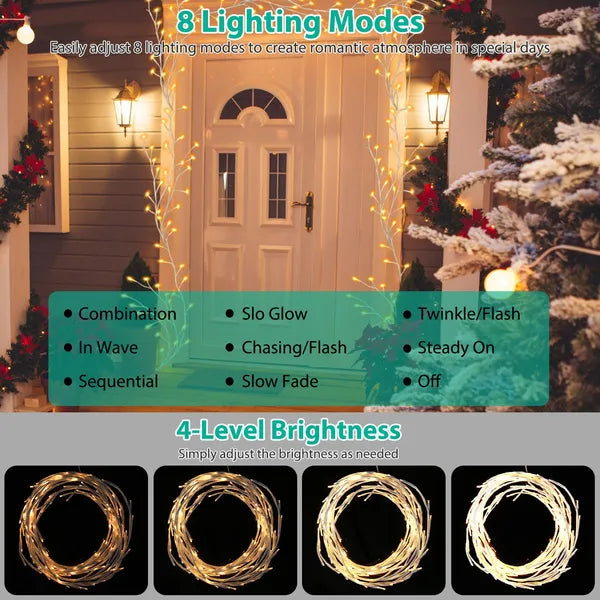 Lighted Birch Garland 7.87FT Lighted Twig Vine Lights 144LED Birch Garland With Lights String Light With Timer 8 Modes IP45 Waterproof For Christmas Fireplace Home Decoration