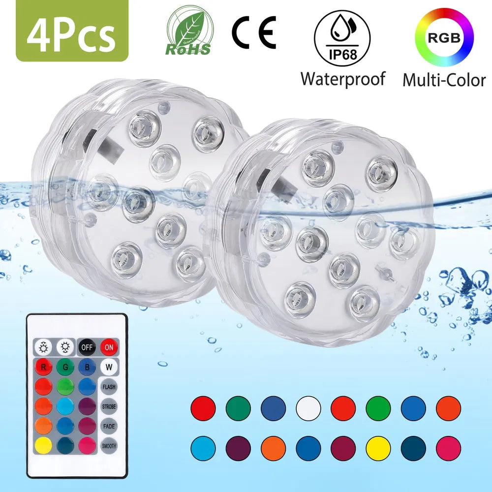 Waterproof submersible lights set with 4 dynamic lighting modes for pool parties and events