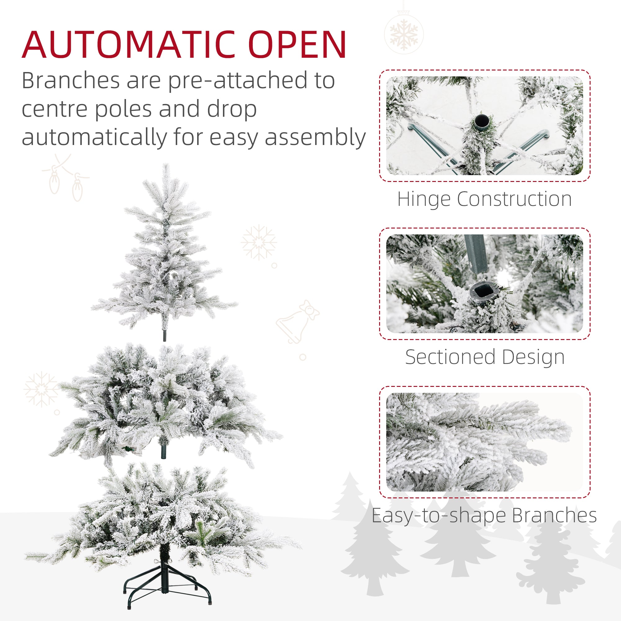 Artificial Prelit Christmas Tree with Warm LED Light and Snow Flocked Branches