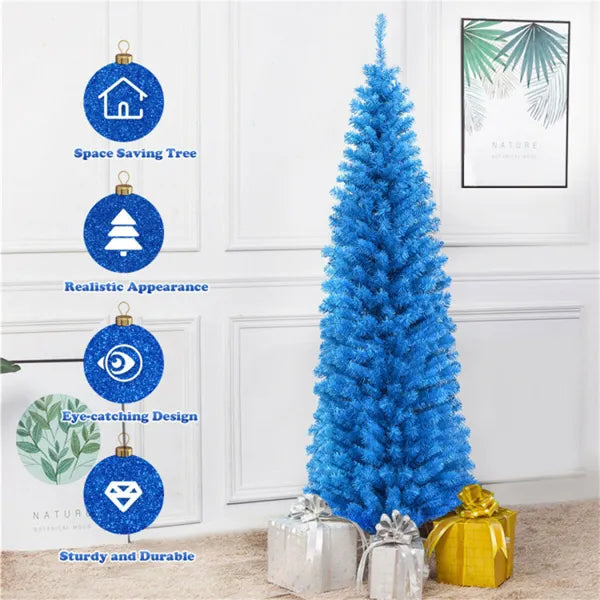 6FT Artificial Christmas Tree - 520 Branch Tips, Blue Pencil Shape Design, Eco-Friendly PVC  Sturdy Metal Stand