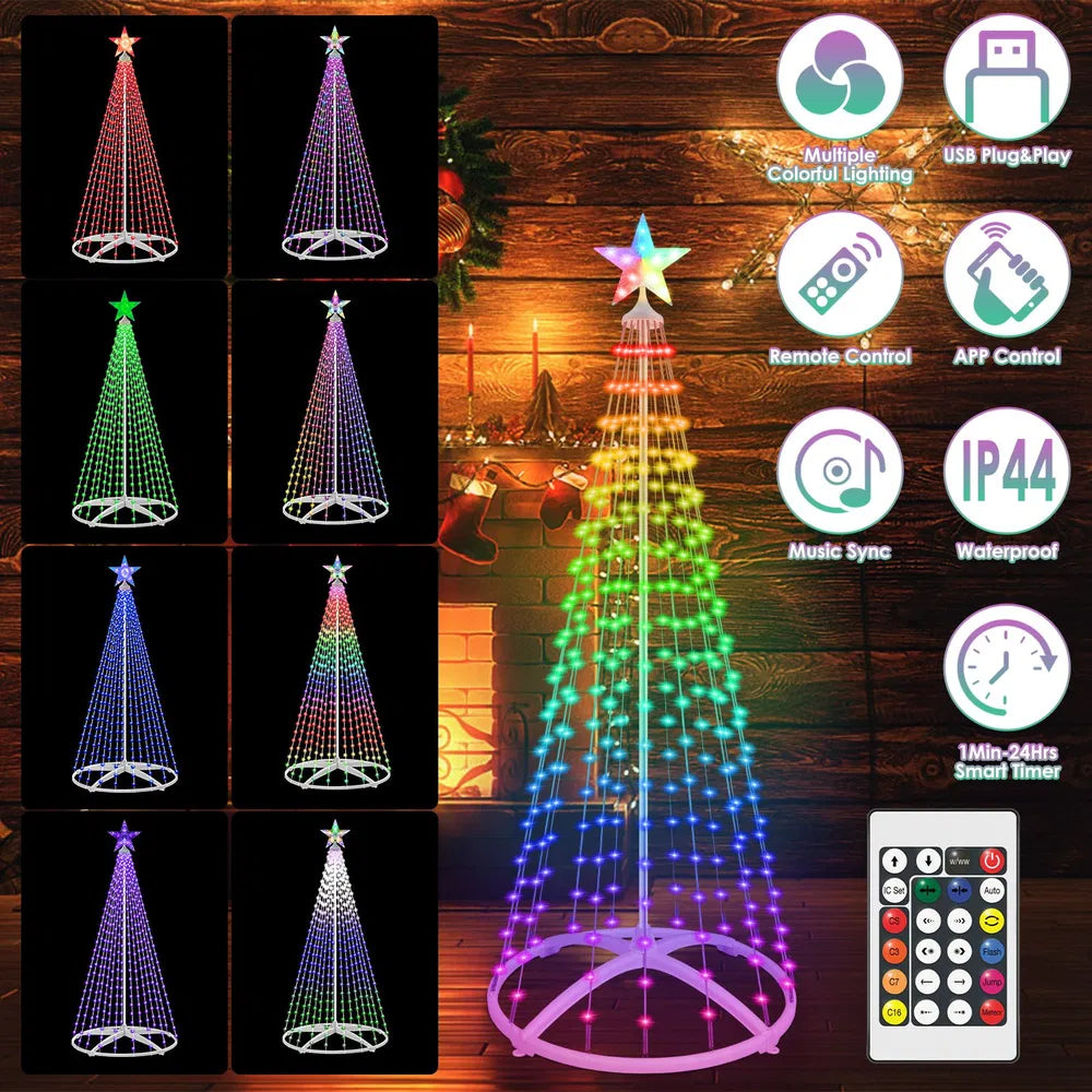 1.8M LED Smart Christmas Cone Tree Outdoor Lighted Christmas Tree Light With App Control Remote Control IP44 Waterproof Timer 210 Modes For Indoor Outside Yard Display