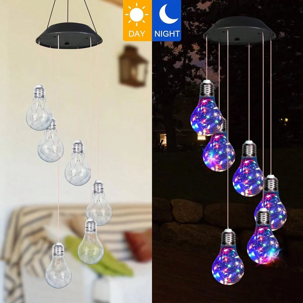 Color changing LED solar wind chimes creating magical ambiance in outdoor space