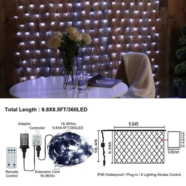 9.8 6.5FT Christmas Mesh Net Light,360 LED Net Light With 8 Modes Remote,Connectable Net String Christmas Lights For Garden