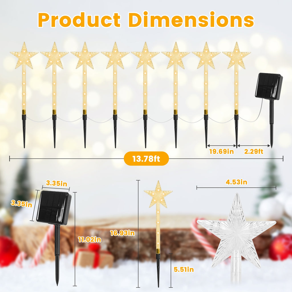 8Pack Christmas Solar Stake Light 64LED Beads Star Shaped Pathway Lights With 8 Lighting Modes IP64 Waterproof Xmas Decoration For Garden Patio Yard Porch Driveway