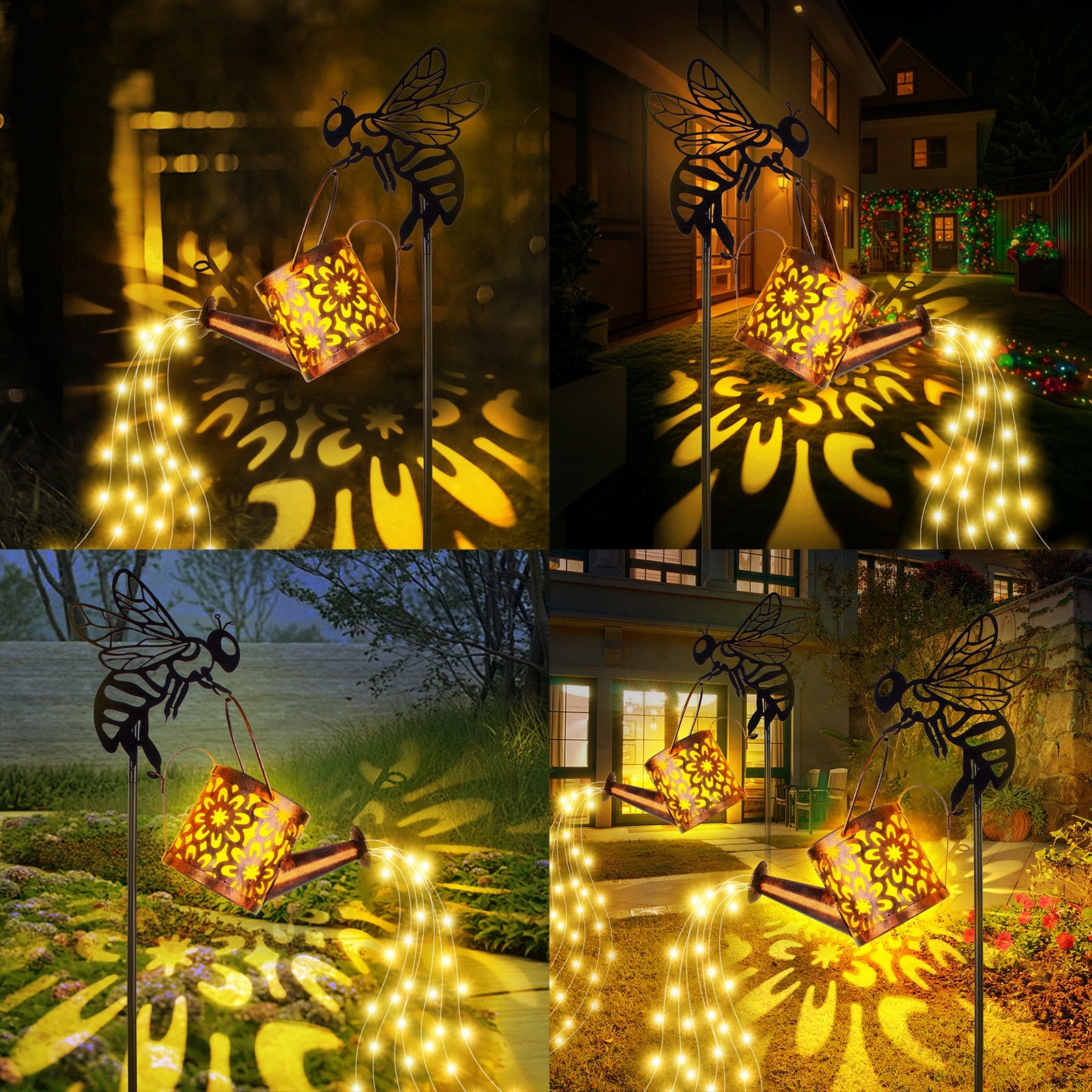 Collage of a decorative garden light with bee and flower design casting shadows on walls and ground.
