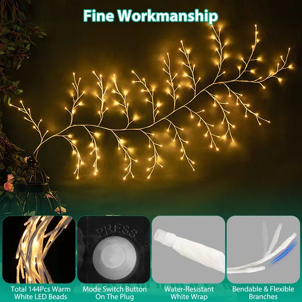 Lighted Birch Garland 7.87FT Lighted Twig Vine Lights 144LED Birch Garland With Lights String Light With Timer 8 Modes IP45 Waterproof For Christmas Fireplace Home Decoration